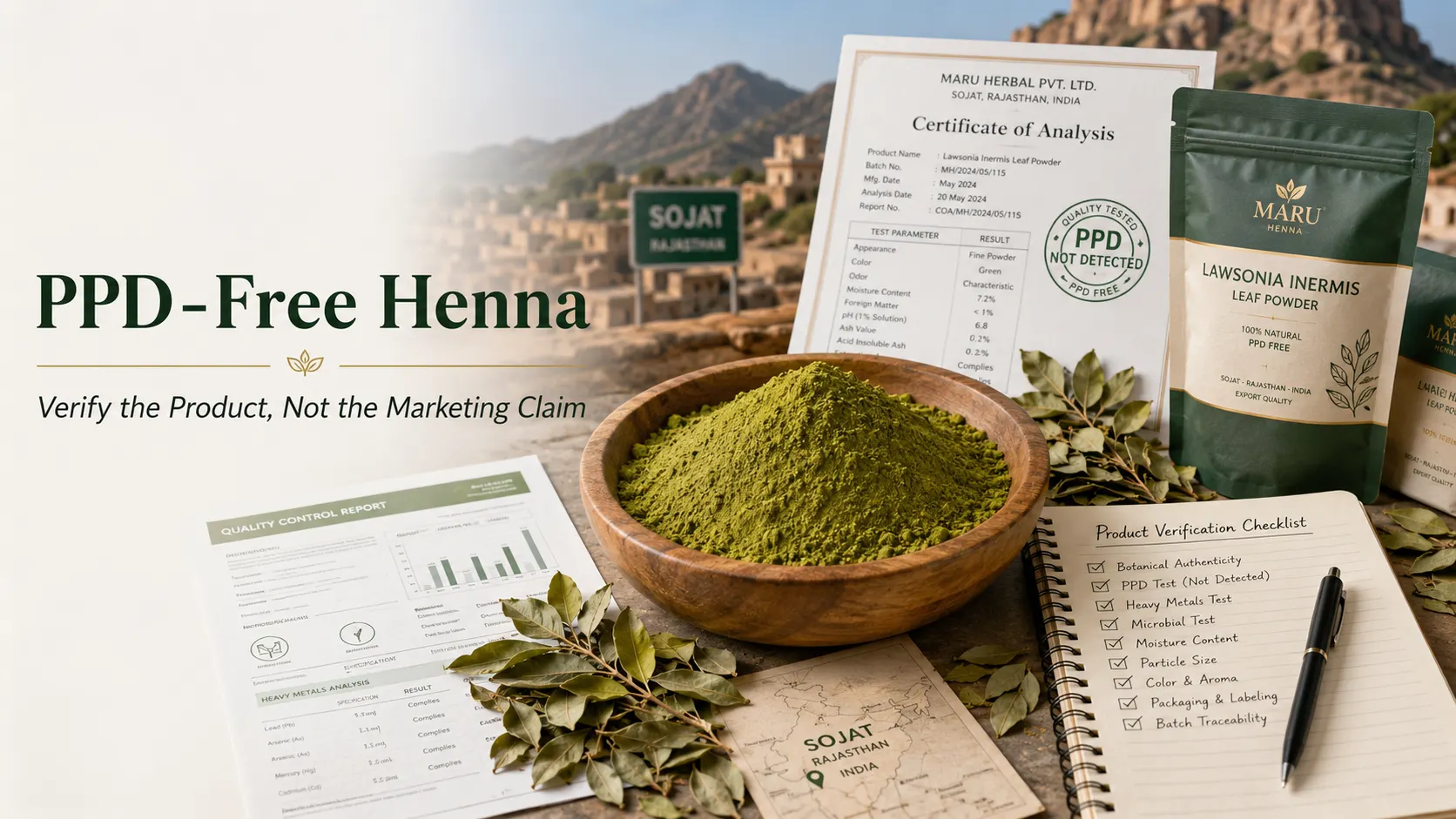 Pure PPD-free henna powder with quality-control documentation and product-verification records in India