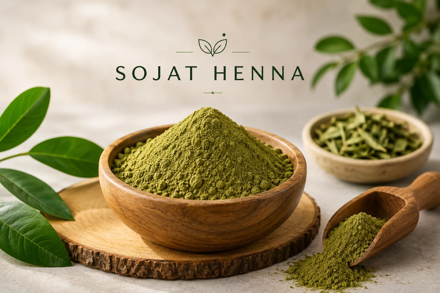 Premium Sojat Henna Powder with fresh henna leaves from Rajasthan